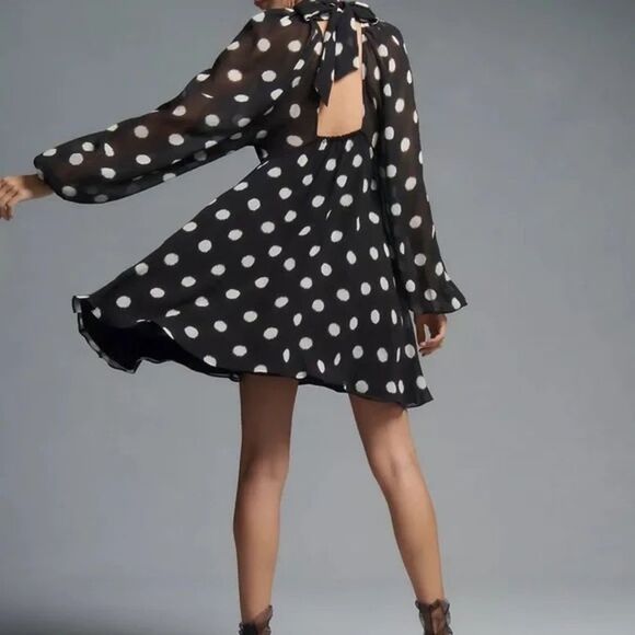 NWT Anthropologie Maeve Long-Sleeve Sheer Mini Dress Polka Dot - Picture 5 of 11